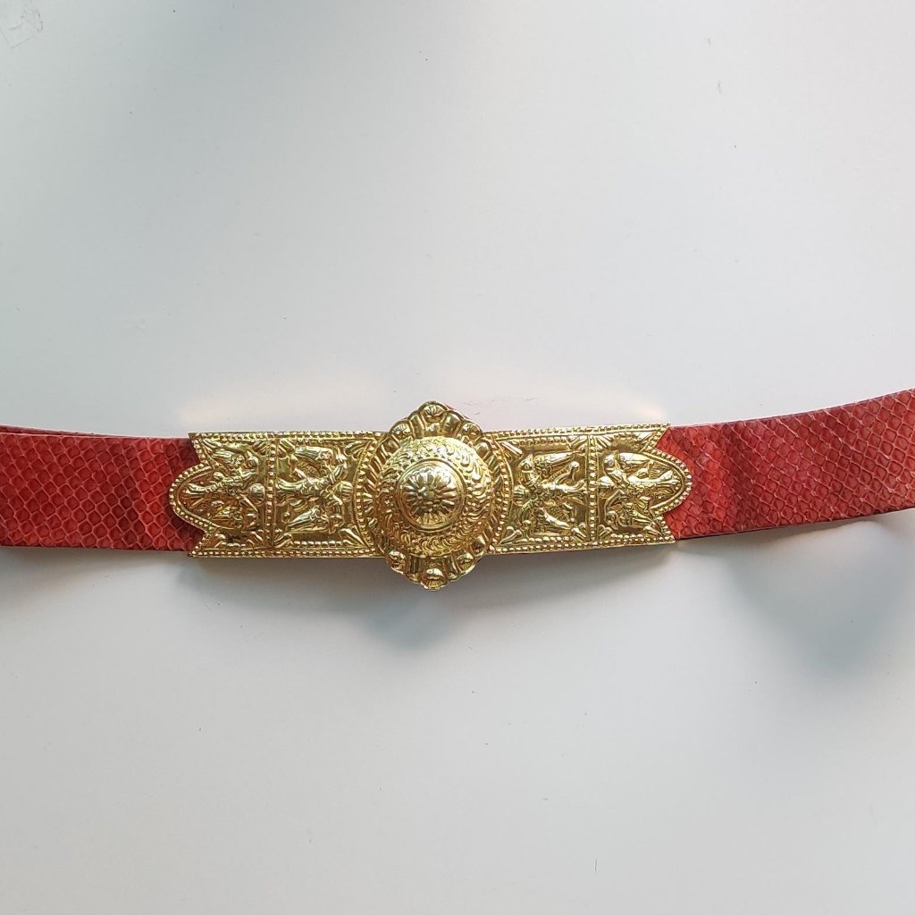 Judith Leiber Adjustable Snakeskin Belt, Large Old Buckle And Coral Color